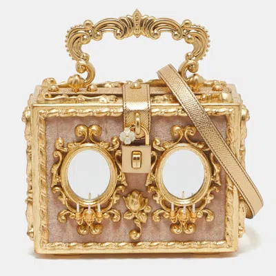 Pre-owned Dolce & Gabbana Gold/beige Wood And Velvet Mirror Box Regine Top Handle Bag