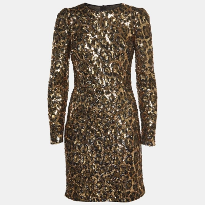 Pre-owned Dolce & Gabbana Gold/black Leopard Sequined Mini Dress S