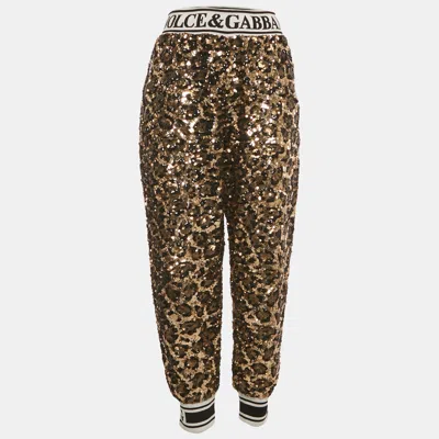 Pre-owned Dolce & Gabbana Gold/black Sequin Logo Waistband Jogger Pants M