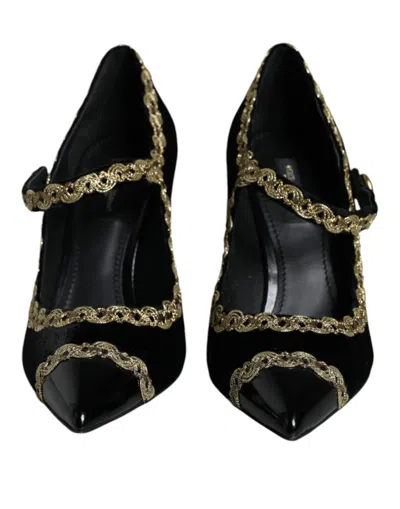 Dolce & Gabbana Gold-embroidered Velvet Heel In Black