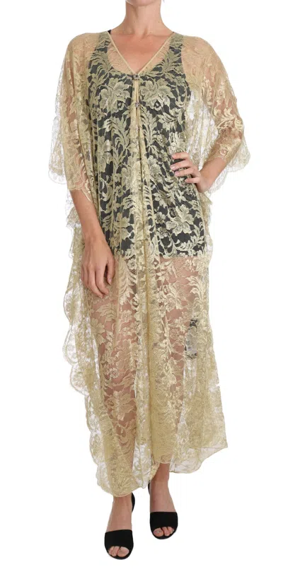 Dolce & Gabbana Floral Lace Crystal Cape Dress In Gold