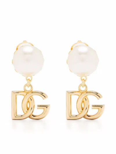DOLCE & GABBANA GOLDEN LOGO PEARL DROP EARRINGS