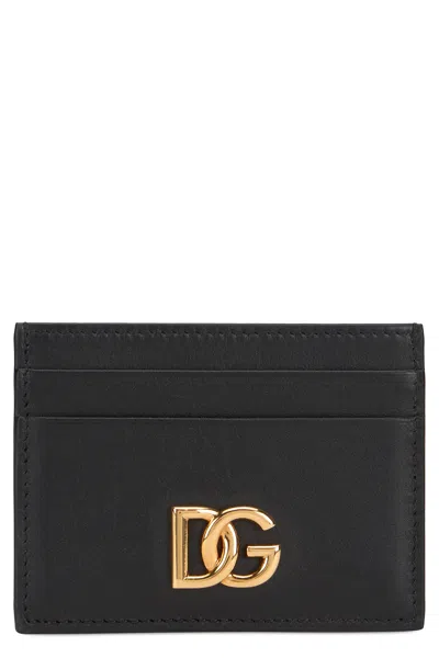 Dolce & Gabbana Gold-logo Calfskin Card Case In Black