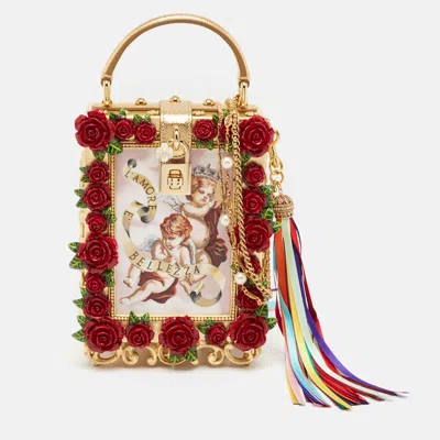 Pre-owned Dolce & Gabbana Gold/red Rose Wood L'amore E' Bellezza Dolce Box Top Handle Bag