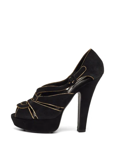 Pre-owned Dolce & Gabbana Gold-tone Trims Suede Heeled Sandals In Black