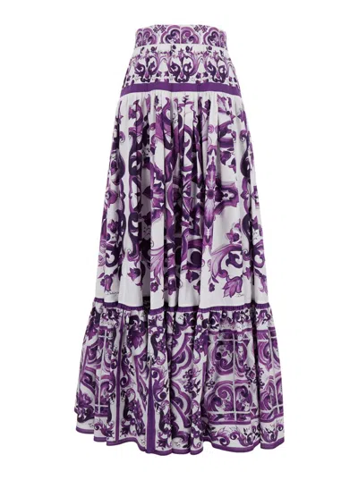 DOLCE & GABBANA VIOLET LONG SKIRT WITH RUFFLE HEM AND ALL-OVER FLORAL MOTIF IN COTTON WOMAN