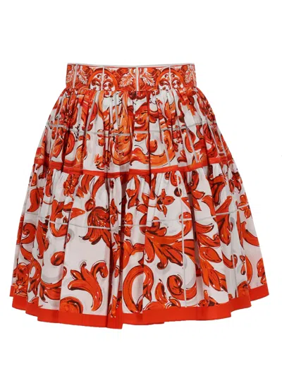 Dolce & Gabbana Gonna Corta In Popeline Stampa Maiolica In Orange