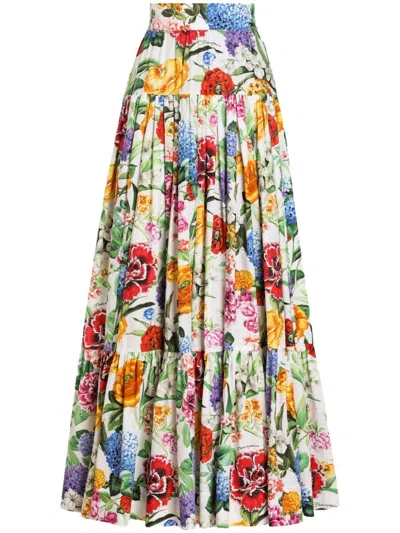 Dolce & Gabbana Long Flounced Skirt With Floral Print In Multicolor