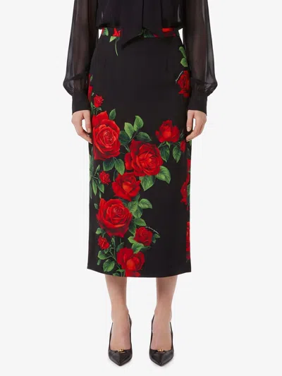 Dolce & Gabbana Gonna Midi Con Stampa Rose Rosse In Black