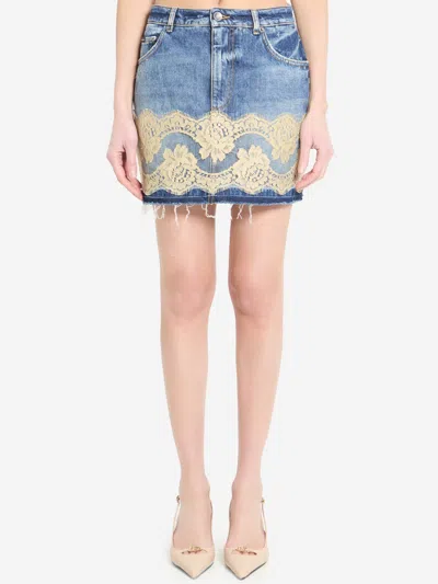 Dolce & Gabbana Denim Mini Skirt With Lace In Blue
