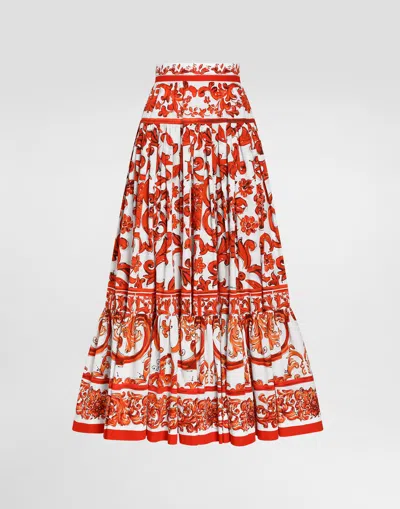 Dolce & Gabbana Cotton Skirt With Maiolica Print In Orange