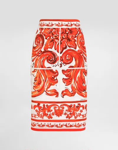 Dolce & Gabbana Majolica Silk-blend Charmeuse Pencil Skirt In Brown