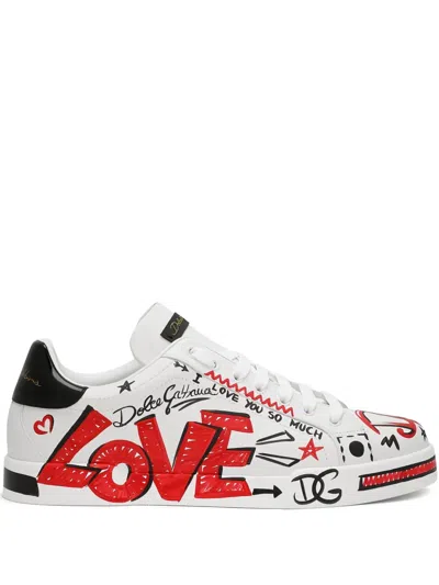 Dolce & Gabbana Graffiti-print Leather Sneakers In White