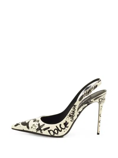 Pre-owned Dolce & Gabbana Graffiti-print Leather Heeled Pumps In Neutral