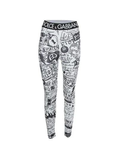 Pre-owned Dolce & Gabbana Graffiti-print Leggings In White