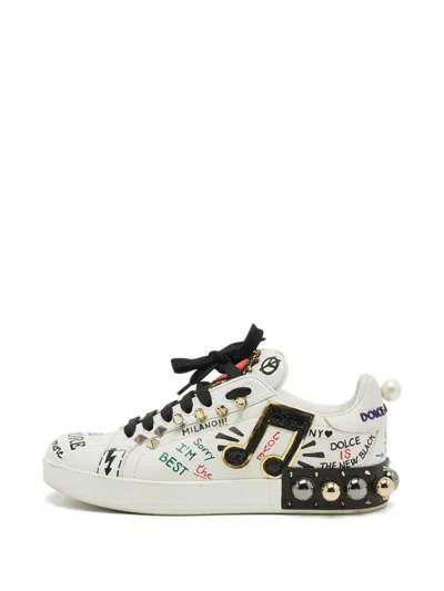 Pre-owned Dolce & Gabbana Graffiti-print Studded Sneakers In White