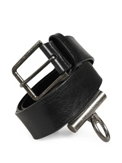 Dolce & Gabbana Leather Belt Brass Buckle Side Rings In Black