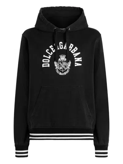 Dolce & Gabbana Cotton Hoodie Hood Kangaroo Pocket Ribbed Hem In Black