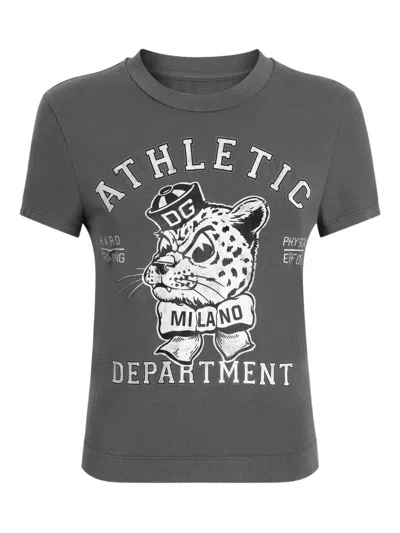 Dolce & Gabbana Crew Neck Graphic Print Ribbed Hem T Shirt In Gray