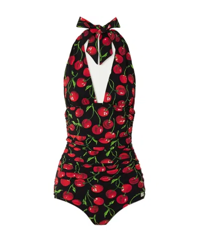 Dolce & Gabbana Graphic-print Halterneck Swimsuit In Black