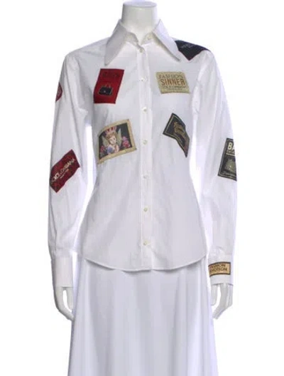 Pre-owned Dolce & Gabbana Graphic Print Long Sleeve Button-up Top In White
