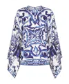 Dolce & Gabbana Majolica-print Round Neck Charmeuse Blouse In Blue