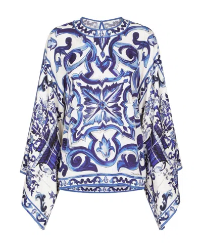 DOLCE & GABBANA DOLCE  GABBANA MAJOLICA-PRINT ROUND NECK CHARMEUSE BLOUSE