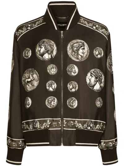 Dolce & Gabbana Silk Twill Jacket With Coin Print In Brown