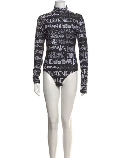 Pre-owned Dolce & Gabbana Graphic Print Mock Neck Bodysuit In Black