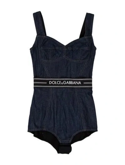 Pre-owned Dolce & Gabbana Graphic Print Square Neckline Bodysuit In Blue