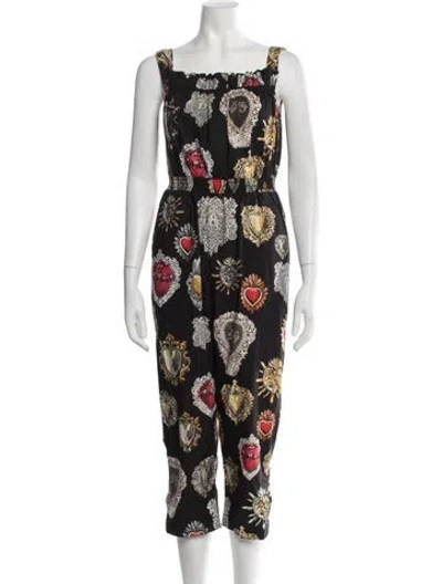 Pre-owned Dolce & Gabbana Graphic Print Square Neckline Jumpsuit In Black