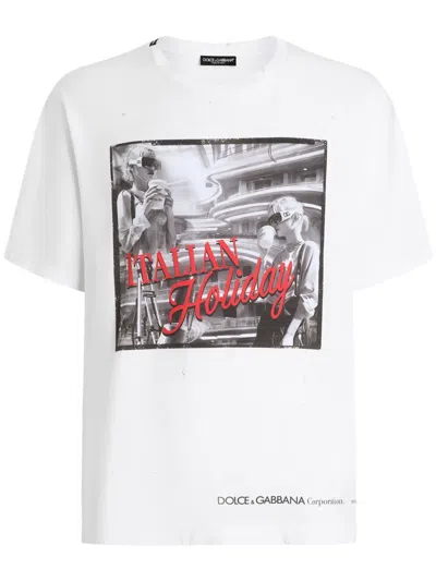 Dolce & Gabbana White Cotton Italian Holiday Print T-shirt