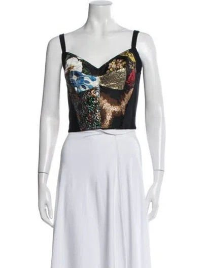 Pre-owned Dolce & Gabbana Graphic Print V-neck Crop Top W/ Tags In Black