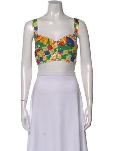 Pre-owned Dolce & Gabbana Graphic Print V-neck Crop Top In White