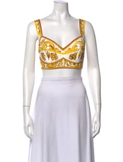 Pre-owned Dolce & Gabbana Graphic Print V-neck Crop Top In White