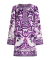 Dolce & Gabbana Majolica Silk Twill Long-sleeve Mini Shift Dress In Purple