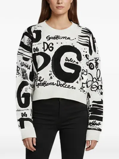 Pre-owned Dolce & Gabbana Graphic-print Crew-neck Sweater In White
