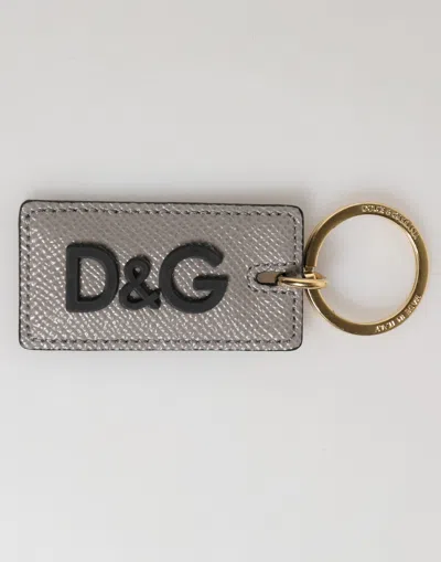 Dolce & Gabbana Grey Calf Leather D&g Logo Metal Ring Keyring Women's Keychain In Multi