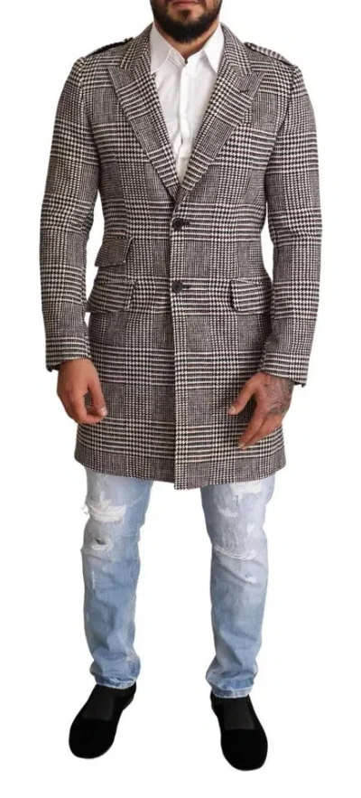 Dolce & Gabbana Gray Check Plaid Long Trench Coat Men's Jacket