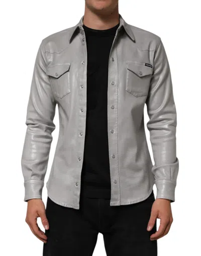 Pre-owned Dolce & Gabbana Gray Coated Cotton Snap Button Logo Men Men's Shirt ()