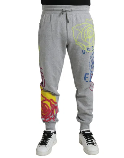 Dolce & Gabbana Gray Cotton Graffiti Sweatmen's Jogger Men's Pants