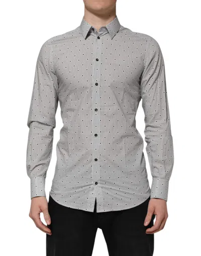 Dolce & Gabbana Gray Dotted Semi Fitted Gold Men Formal Shirt