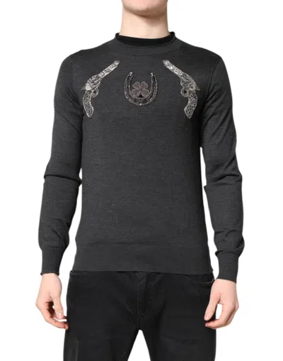 Dolce & Gabbana Gray Embroidery Knit Men Pullover Sweater In Multi