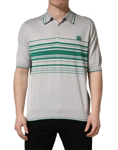 Dolce & Gabbana Gray Green Striped Logo Silk Polo T-shirt In Multi