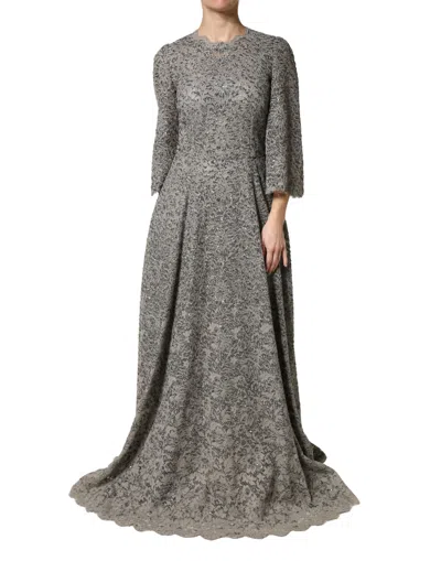 Dolce & Gabbana Gray Lace Long Sleeves Cotton Maxi Dress