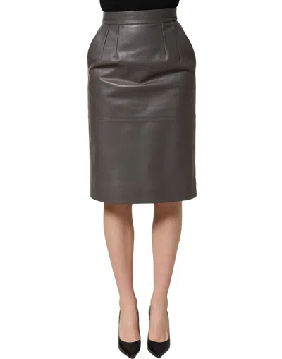 Dolce & Gabbana Gray Leather High Waist Pencil Cut Midi Women's Skirt