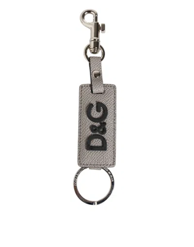 Dolce & Gabbana Gray Leather Logo Metal Ring Keychain Holder Keyring In Multi