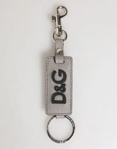 Dolce & Gabbana Gray Leather Logo Metal Ring Keychain Holder Men Keyring