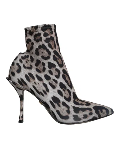 DOLCE & GABBANA GRAY LEOPARD STRETCH HEELS ANKLE BOOTS SHOES