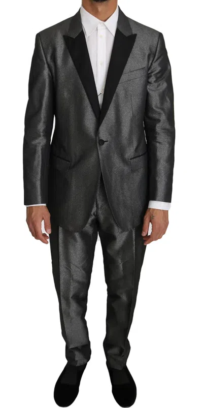 Dolce & Gabbana Patterned Martini Metallic Silver Tuxedo Suit In Black
